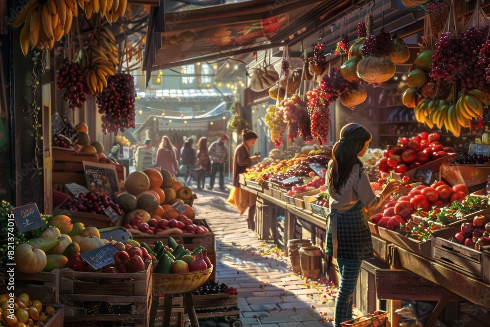 Obraz premium a bustling farmers market, sampling ripe fruit and fragrant cheeses. The air is alive with the hum of conversation and the aroma of delicious food