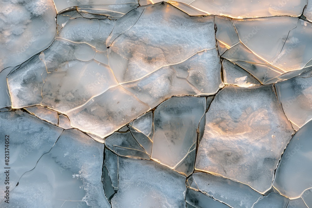 Detailed view of cracked ice patterns on the ground