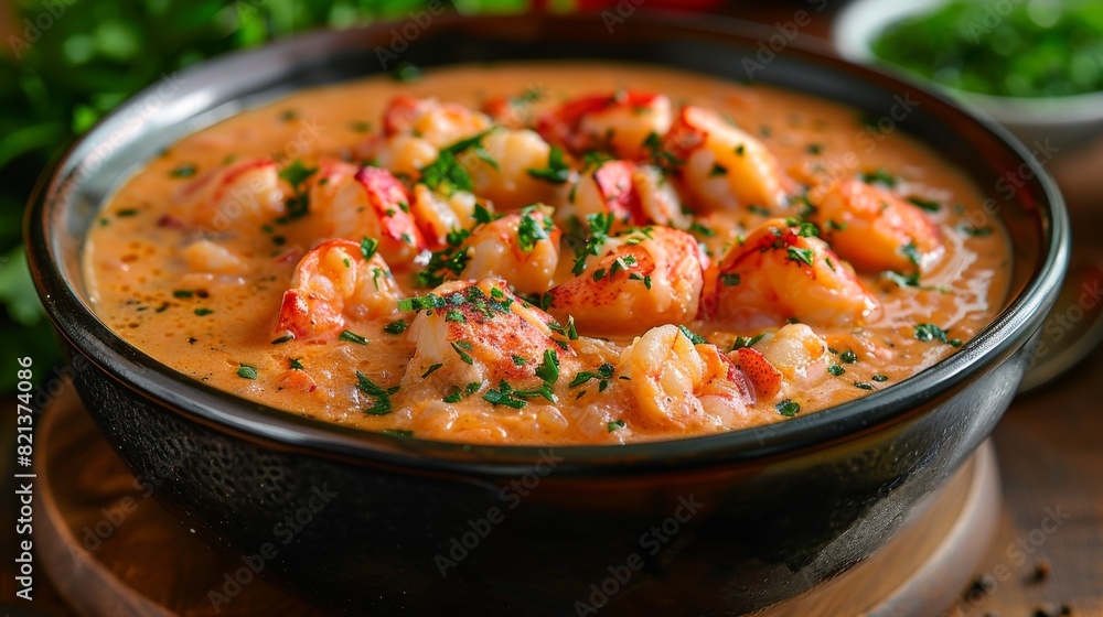 Capture the creamy richness of a bowl of lobster bisque, featuring chunks of tender lobster meat and a swirl of