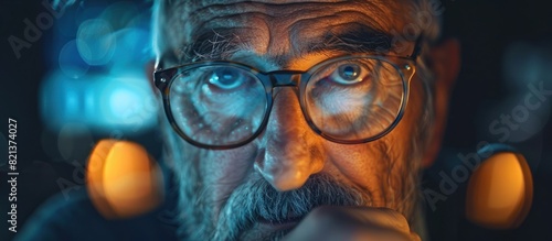 Bearded man in glasses looks at camera photo