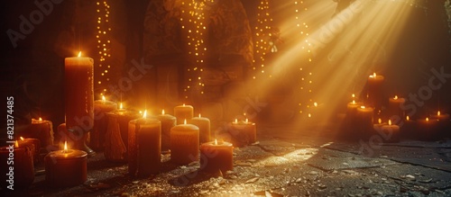 Array of lit candles on table