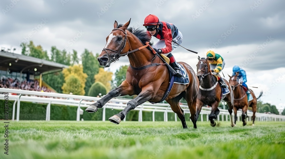 Photograph the adrenaline-pumping moment of a horse racing photo finish under the dramatic backdrop of a thunderstorm, with lightning flashing