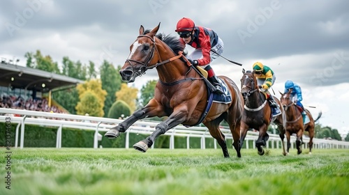 Photograph the adrenaline-pumping moment of a horse racing photo finish under the dramatic backdrop of a thunderstorm, with lightning flashing photo
