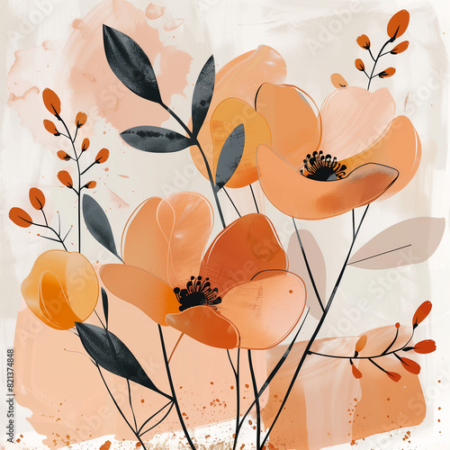 background with flowers: boho popies, natural colors photo