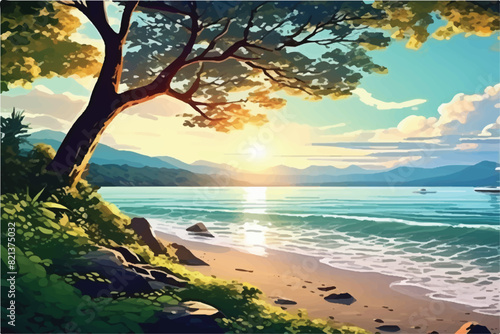 Sea view Landscape Illustration background. The beauty of the sea. Seascape  work of art. Vector illustration design. Sunset  over the sea. 