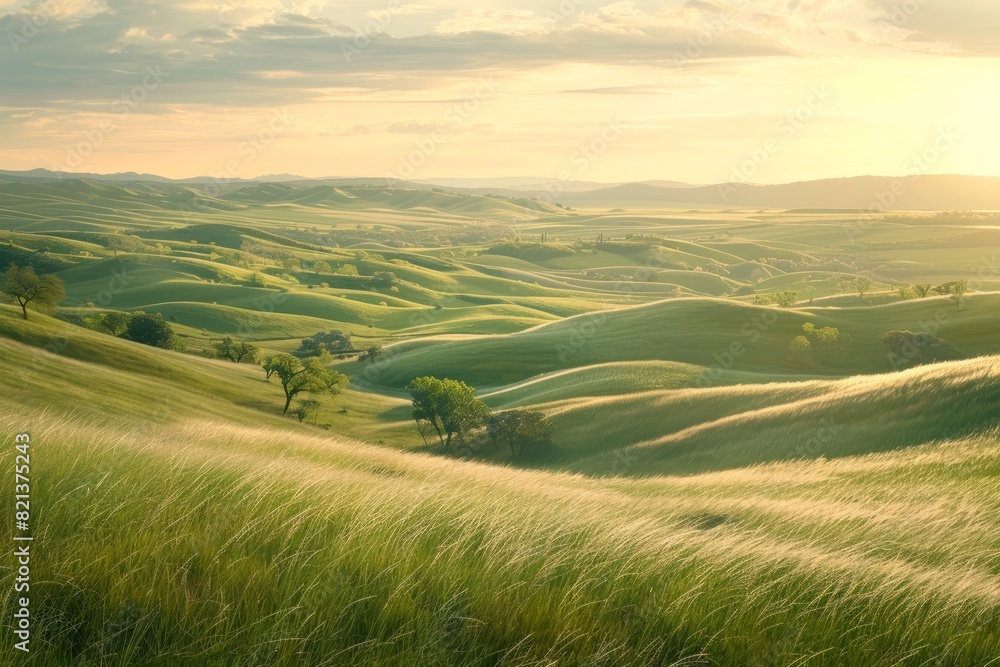 Lush grassy field with trees and rolling hills in the background under a clear sky