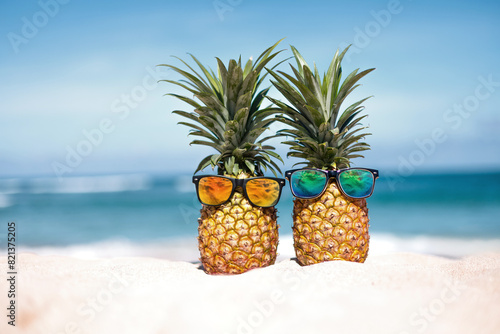 Two pineapples with trendy sunglasses in tropical paradise