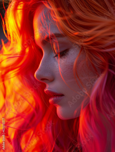 Young woman with red hair and freckles, eyes closed in soft light