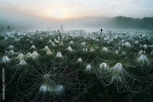 A meadow glistens with countless dew-covered spider webs, intricately woven and sparkling in the morning sun photo