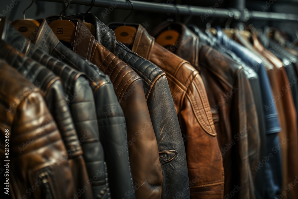 Row of leather jackets hanging on rack, showcasing different styles and colors with play of light
