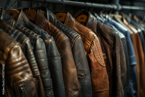 Row of leather jackets hanging on rack, showcasing different styles and colors with play of light