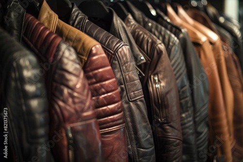 Multiple leather jackets hanging on a rack with intricate folding patterns highlighted by lighting