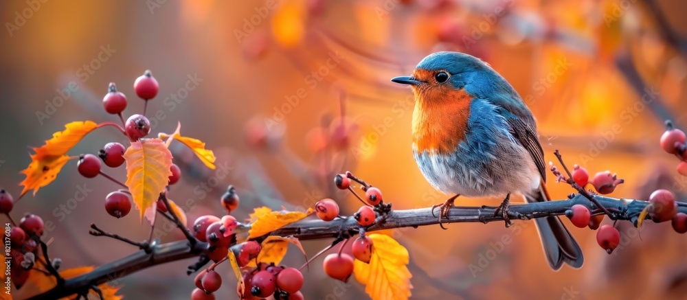 Bird perched on tree branch with berries Bird perched on tree branch with berries