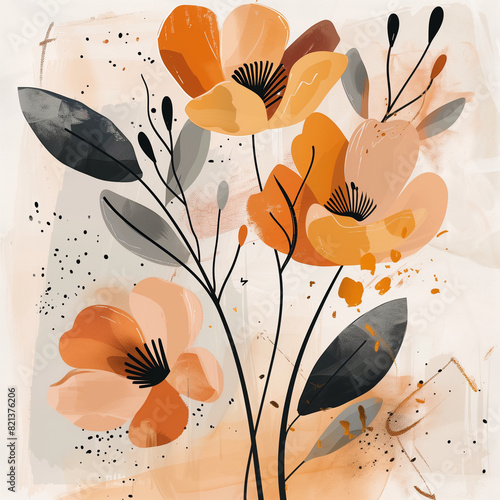 seamless background with flowers; pattern with boho popies, natural colors photo