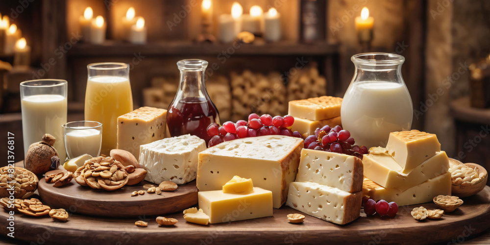 Symbols of jewish holiday - Shavuot: Cheeses, Breads, Fruits, and Nuts. A wooden table overflowing with a variety of cheeses, breads, fruits, nuts, and a glass of milk. Symbols of jewish holiday - Shavuot: Cheeses, Breads, Fruits, and Nuts. A wooden table overflowing with a variety of cheeses, breads, fruits, nuts, and a glass of milk.