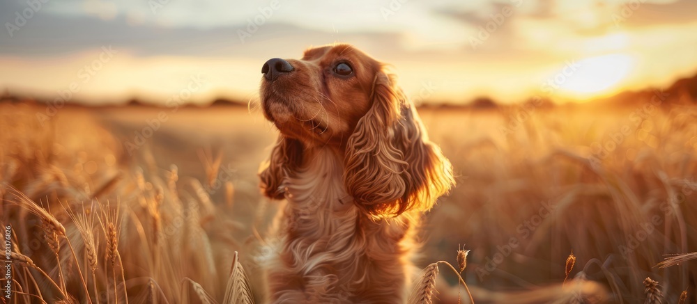 Cocker spaniel dog standing in tall grass field