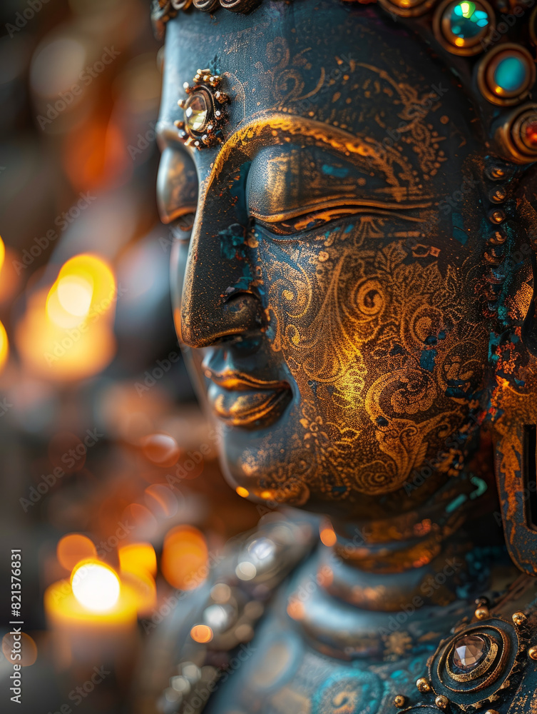 Close-up of an ornate Buddha statue with glowing background lights. Close-up of an ornate Buddha statue with glowing background lights.