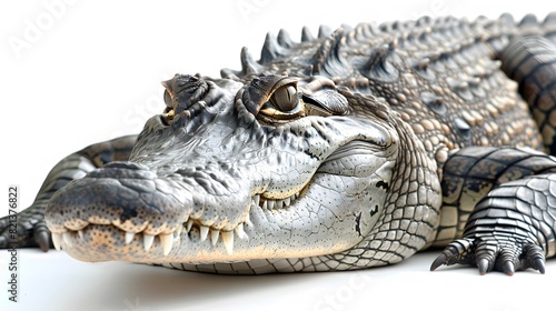 Close up of large crocodile that lay down on floor and look up isolated on clean png background  reptile animal concept