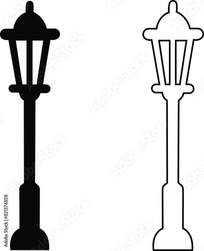 street light lamps and spotlights flat and line icon set. Old and modern street lamp black silhouette city vintage glowing in darkness road in dusk vector collection isolated on transparent background