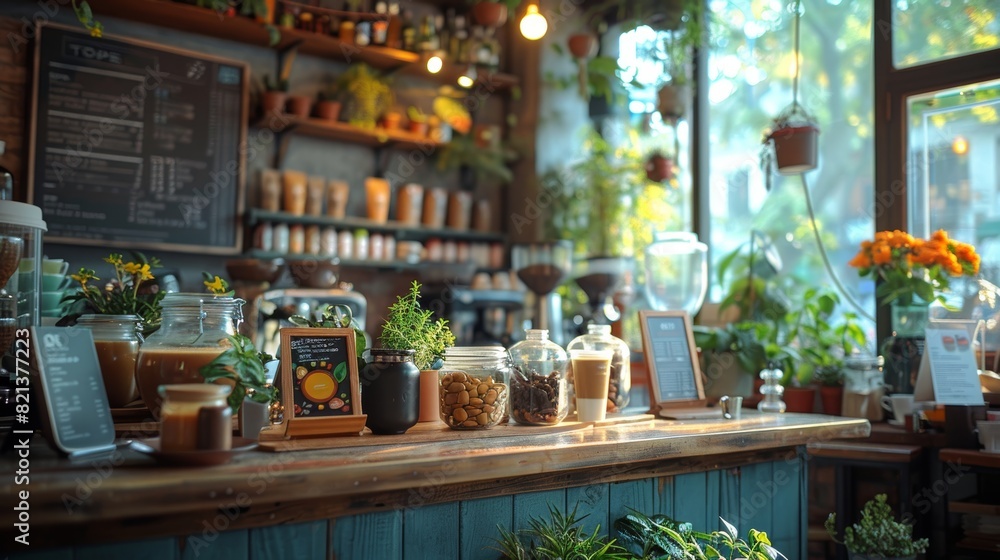 Charming and Cozy Coffee Shop with Rustic Decor and Fresh Greenery, Featuring an Inviting Counter with Artisan Coffee and Pastries