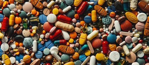 Assorted colored medication pills and tablets on table photo