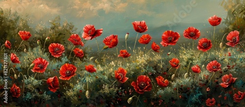 Vibrant field of scarlet poppy flowers