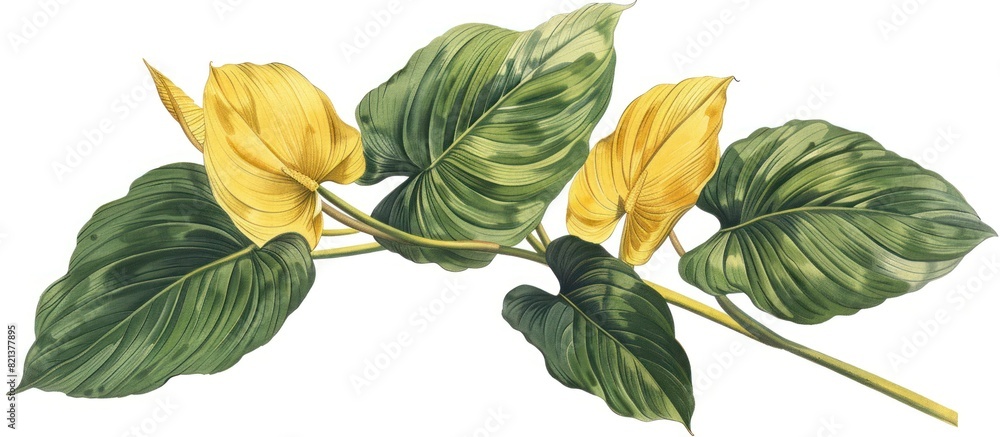 Fototapeta premium Yellow flower painting with green leaves