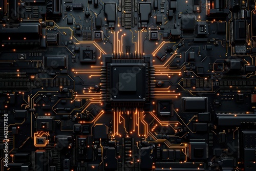 A computer chip is shown in a black and orange background