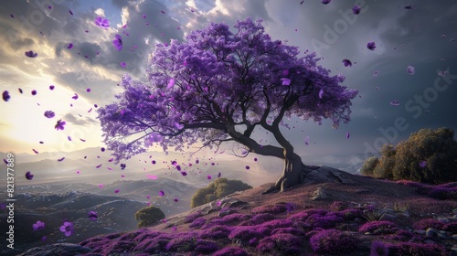 Majestic purple tree with falling petals - A beautiful purple tree stands alone on a hill with petals scattering in the wind, evoking a sense of fantasy and magic
