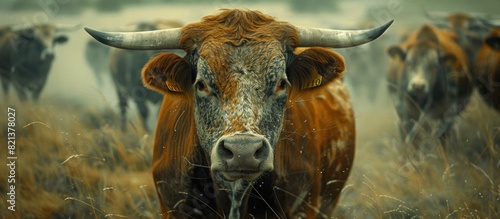 Herd of girolando cattle grazing on grass field photo