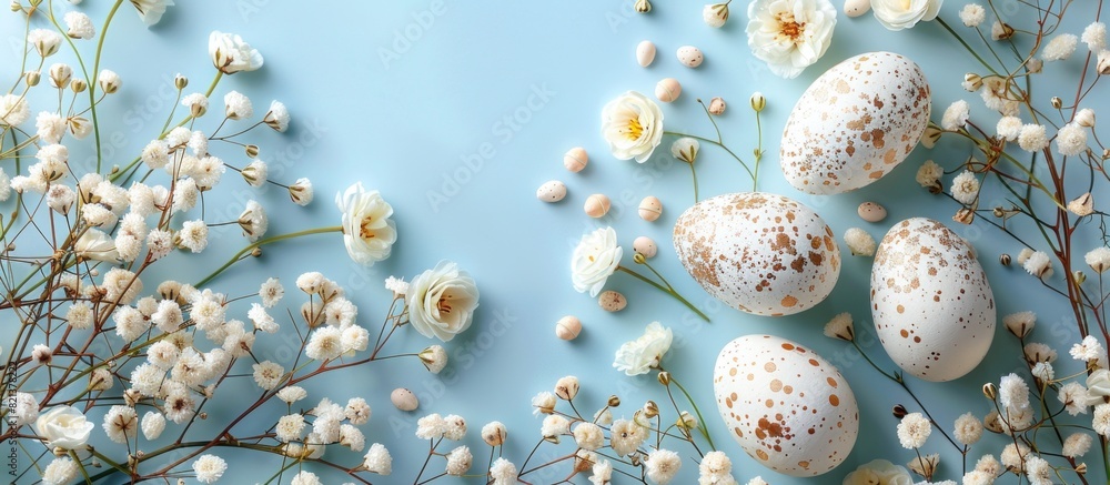 Blue background with white flowers and easter eggs