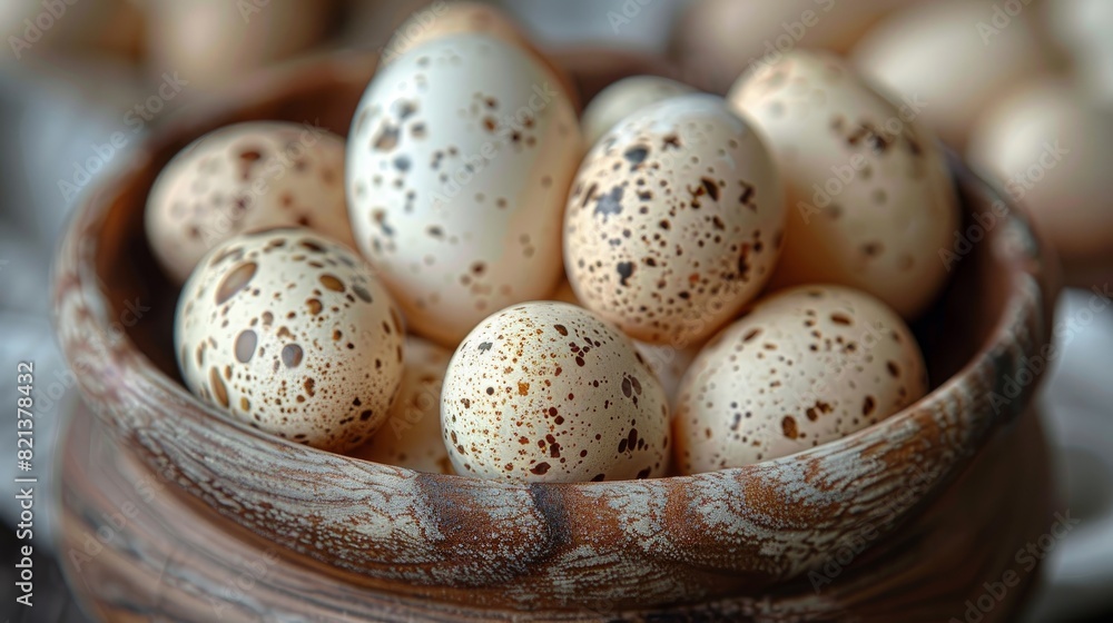 Obraz premium a large number of small spotted quail eggs on the table, fresh quail eggs on the table while cooking a dish with eggs