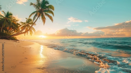 A serene beach at sunset with palm trees and a calm ocean  perfect for summer relaxation 