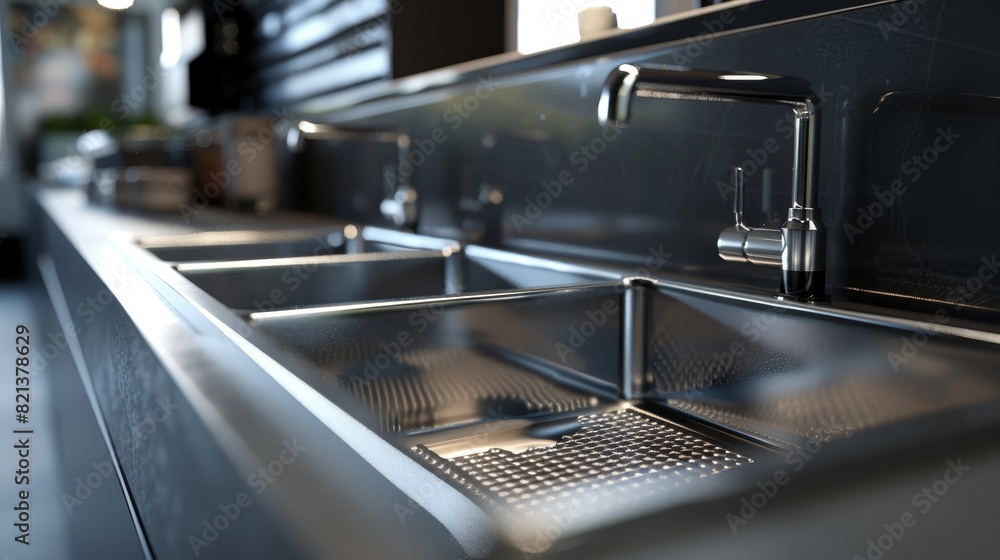 Modern kitchen sink design in dark interiors - A photo focusing on the details of a modern kitchen sink with a reflective surface and dark tiles Modern kitchen sink design in dark interiors - A photo focusing on the details of a modern kitchen sink with a reflective surface and dark tiles
