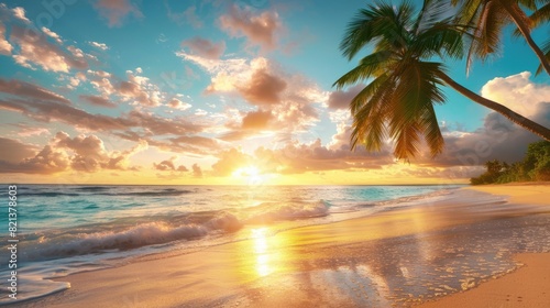 A serene beach at sunset with palm trees and a calm ocean  perfect for summer relaxation 