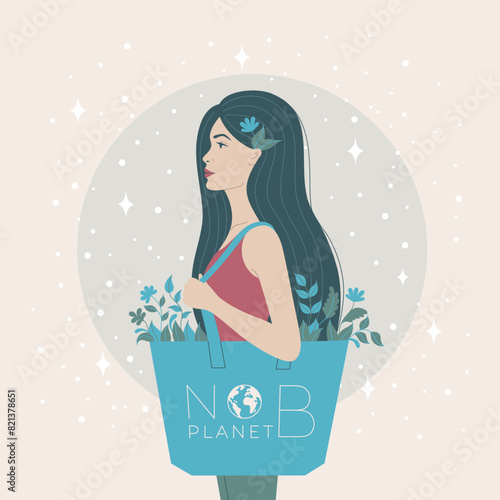 Flat art vector illustration, a woman holding an eco bag. This image embodies the Save the Planet concept, promoting sustainability and the importance of eco friendly choices.