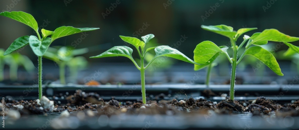 Group of small green pepper plants growing in dirt Group of small green pepper plants growing in dirt