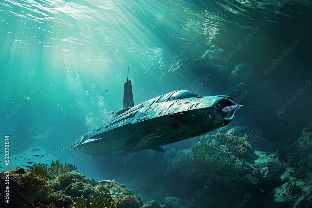 Fototapeta premium Underwater exploration with high-tech submarines view, AI generated