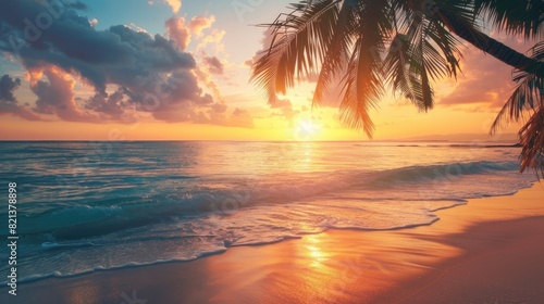 A serene beach at sunset with palm trees and a calm ocean  perfect for summer relaxation 