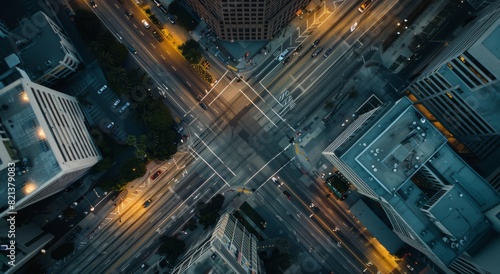 Aerial view of an empty city street intersection