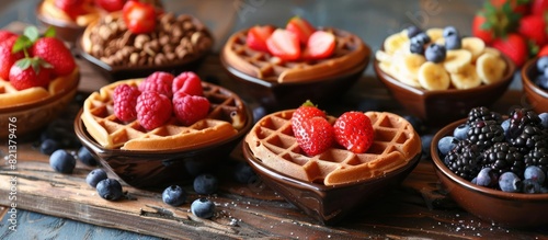 Wooden tray with fruit-topped heart waffles photo