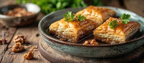 Nutty turkish baklava on wooden table