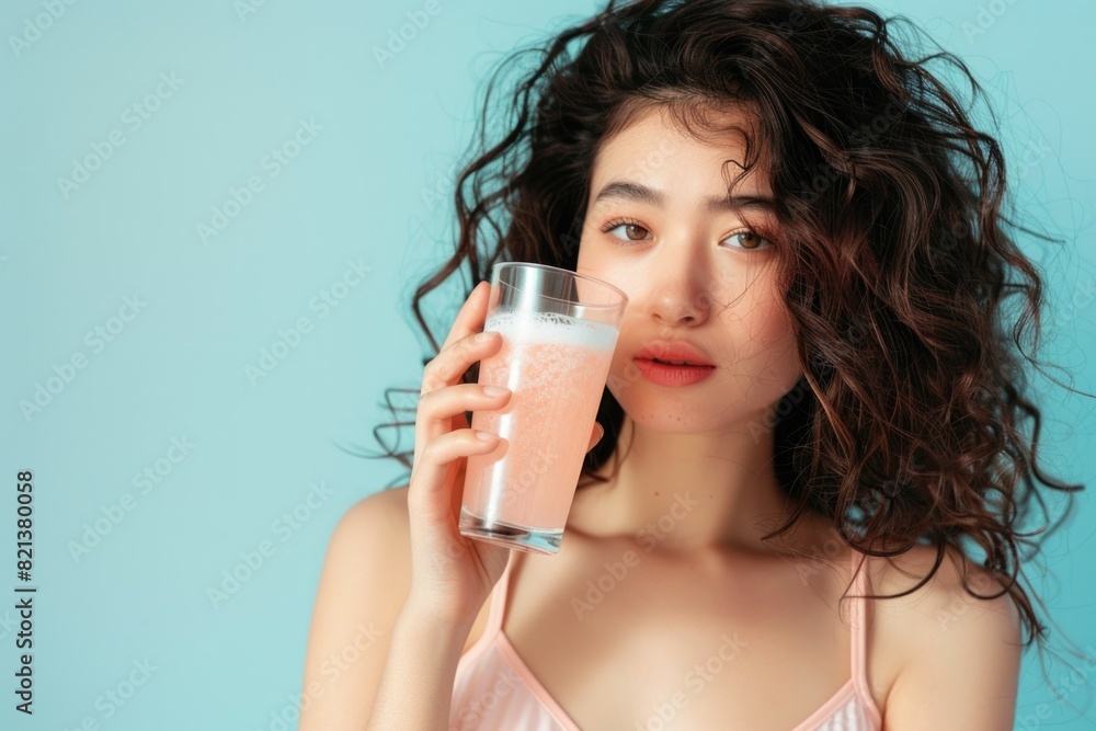 an Asian woman with curly hair drinks liquid collagen. Drink. Shake. Protein. Skin care. Summer. Blue background place for text. an Asian woman with curly hair drinks liquid collagen. Drink. Shake. Protein. Skin care. Summer. Blue background place for text.