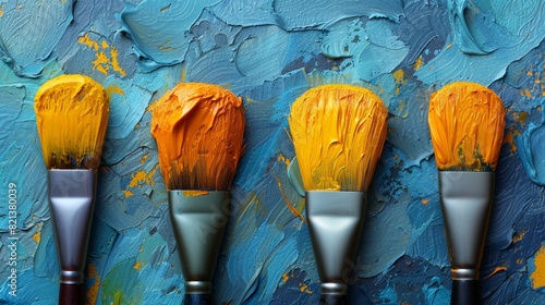 Four paintbrushes with vibrant yellow-orange paint sit on a richly textured blue canvas, illustrating creativity and the dynamic world of artistic expression