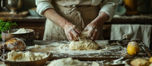 Person kneading dough on wooden table