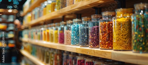 Assorted candy store filled with glass jars