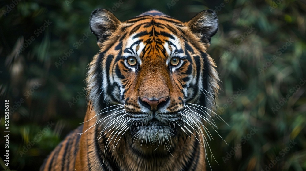 A close-up of a tiger's face with trees in the background A close-up of a tiger's face with trees in the background