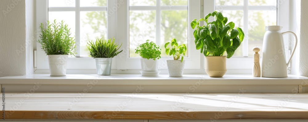 White wooden table in kitchen with green plant on the window White wooden table in kitchen with green plant on the window