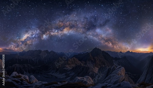 A panoramic view of the Milky Way galaxy over rugged mountain peaks Generative AI