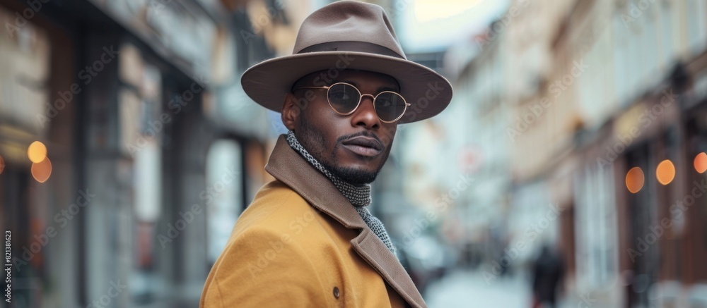 Stylish man in hat and sunglasses standing in front of building Stylish man in hat and sunglasses standing in front of building